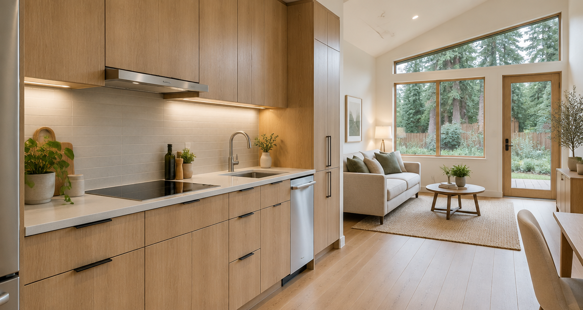 Compact permitted ADU kitchen with induction cooking and efficient storage in a Pacific Northwest backyard cottage