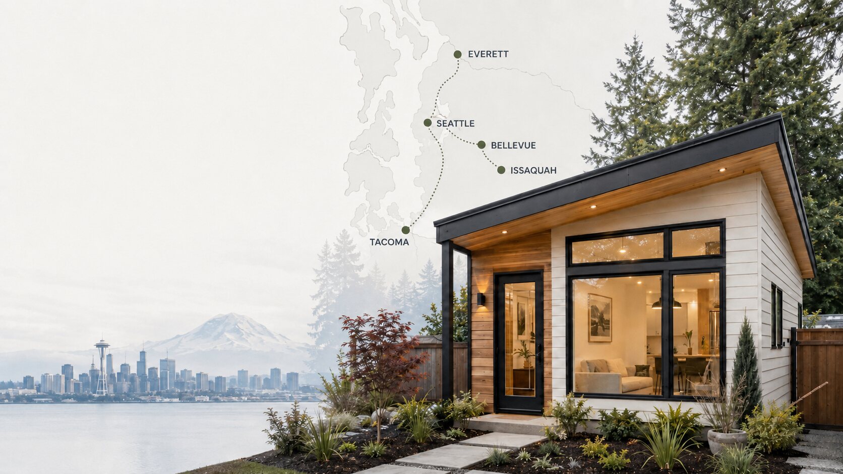 Modern Pacific Northwest detached ADU cottage with warm-lit interior, overlooking the Seattle skyline, Mount Rainier, and the Puget Sound