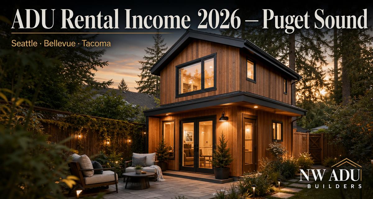 Editorial cover: modern cedar-clad detached ADU in a Pacific Northwest Seattle backyard at golden hour with warm window light, headline 'ADU Rental Income 2026 — Puget Sound, Seattle · Bellevue · Tacoma' from NW ADU Builders.