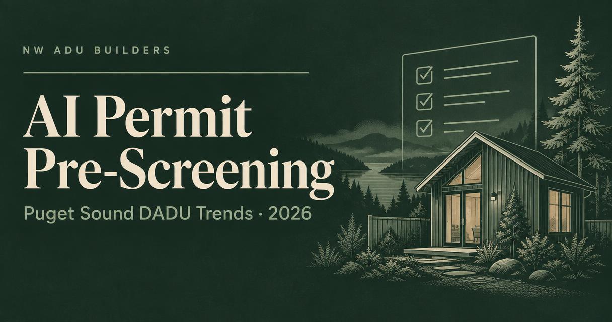 Editorial illustration of a Pacific Northwest backyard DADU under misty Cascade mountains with a floating translucent AI checklist overlay marking permit corrections, headline 'AI Permit Pre-Screening — Puget Sound DADU Trends 2026' from NW ADU Builders.