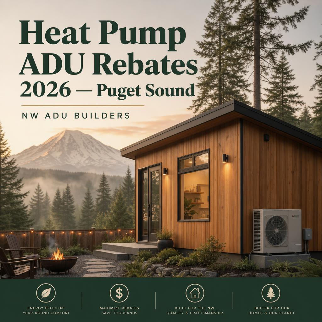 Editorial cover: modern cedar-clad Pacific Northwest backyard ADU at golden hour with visible outdoor heat pump unit, Mount Rainier behind, headline 'Heat Pump ADU Rebates 2026 — Puget Sound' from NW ADU Builders.